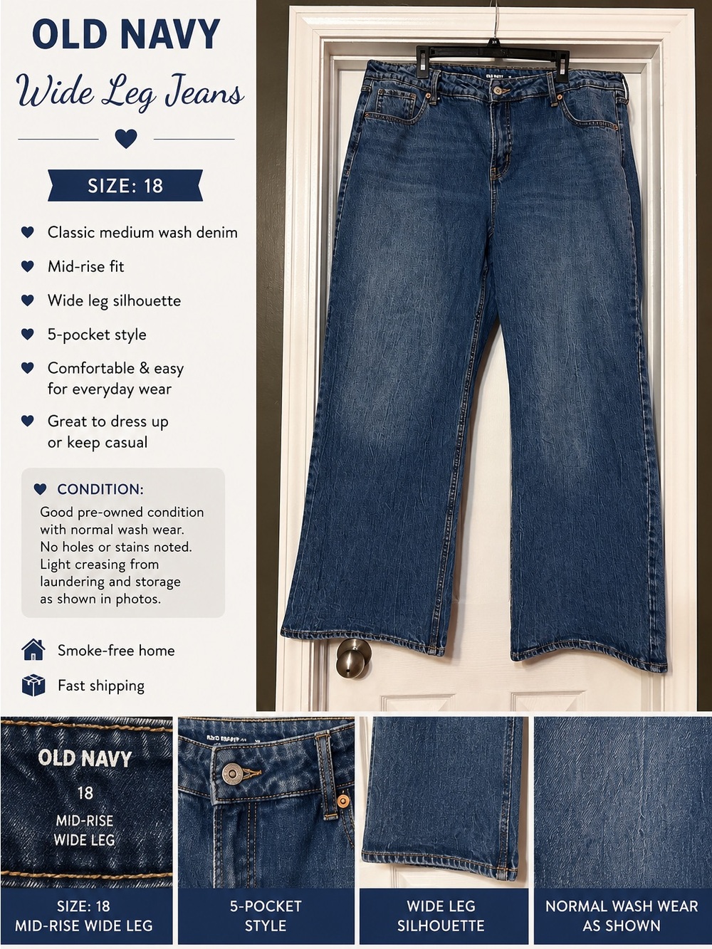 Old Navy Medium Wash Blue Wide Leg Jeans